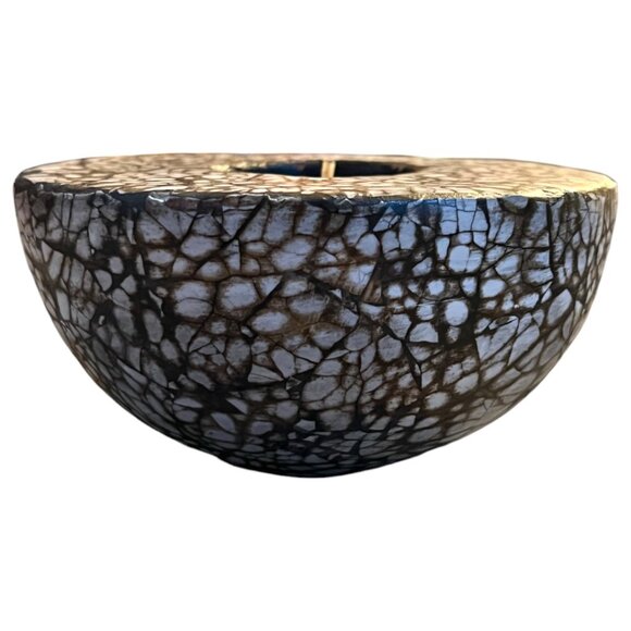 Heavy Ceramic Tealight Candle Holder Inlaid Eggshell Bohemian Boho 5" x 2.5 tall - Picture 2 of 10